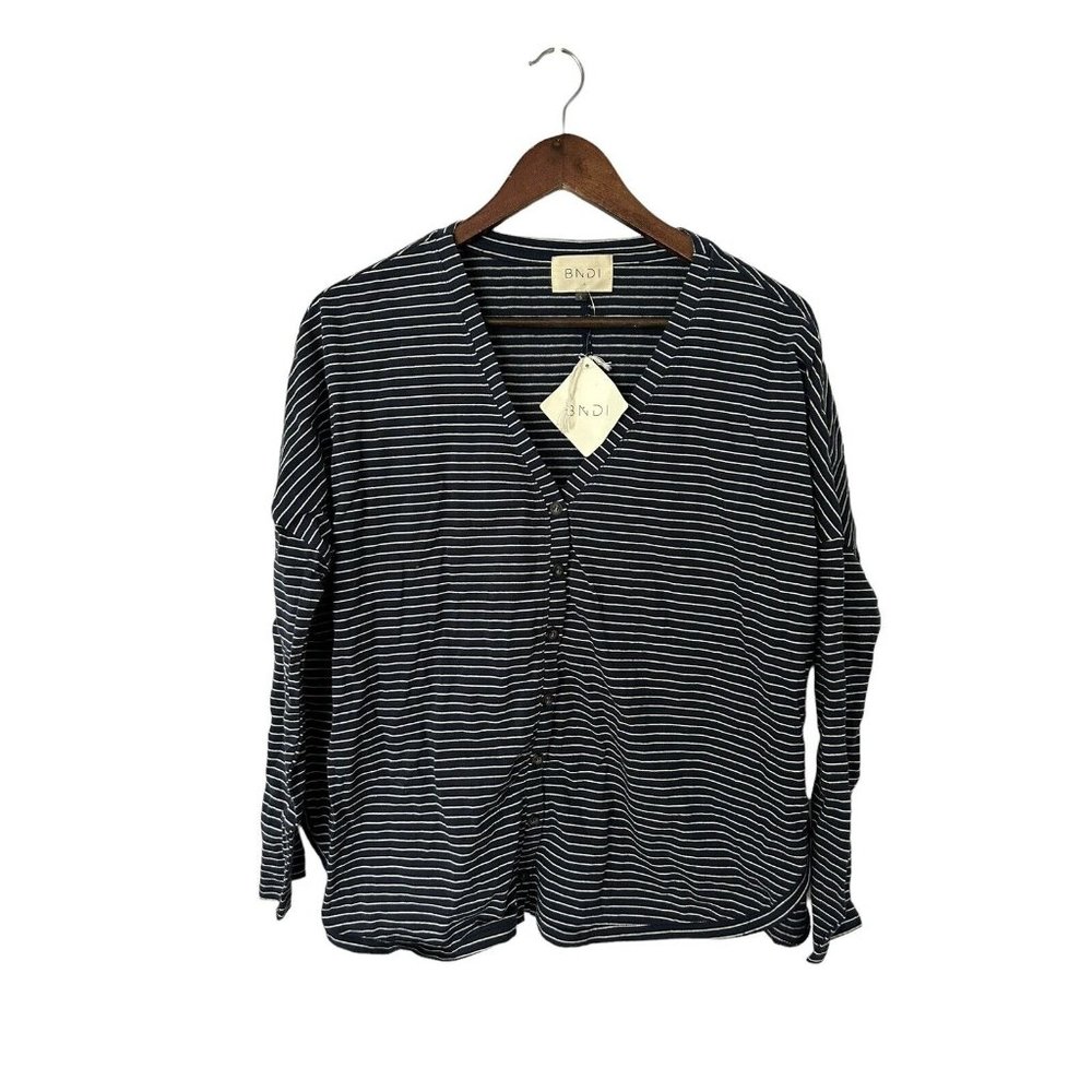 BNDI sz small oversized button front‎ navy striped top